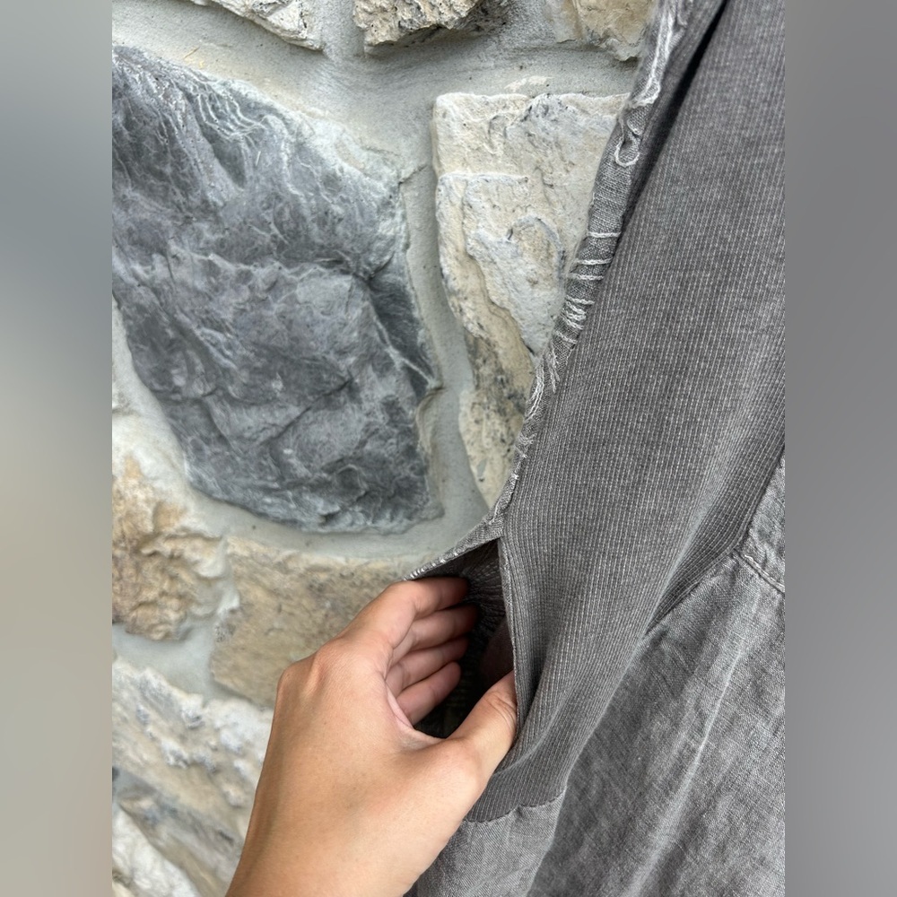 Lina Tomei Linen Dress Size M Gray Embroidered Boho Casual Lightweight Pockets - Picture 6 of 7